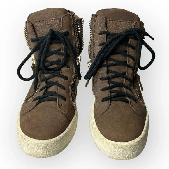 Giuseppe Zanotti  Brown Leather Donna Hi-Top Swarovski Crystal Sneakers 37 - Picture 4 of 13